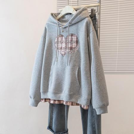 FA49551# 大码连帽卫衣女假两件小众设计感爱心字母刺绣宽松长袖外套潮