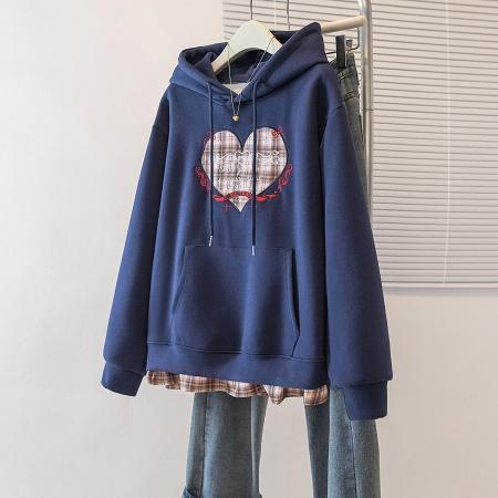 FA49551# 大码连帽卫衣女假两件小众设计感爱心字母刺绣宽松长袖外套潮
