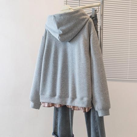 FA49551# 大码连帽卫衣女假两件小众设计感爱心字母刺绣宽松长袖外套潮