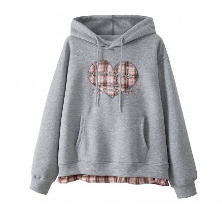 FA49551# 大码连帽卫衣女假两件小众设计感爱心字母刺绣宽松长袖外套潮