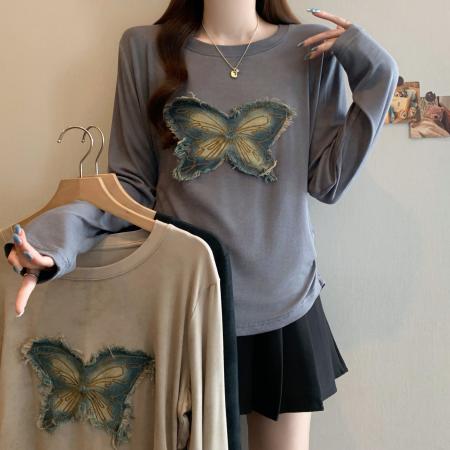 FA49552# 大码女装胖mm美式复古扎染蝴蝶显瘦长袖T恤秋季收腰修身上衣