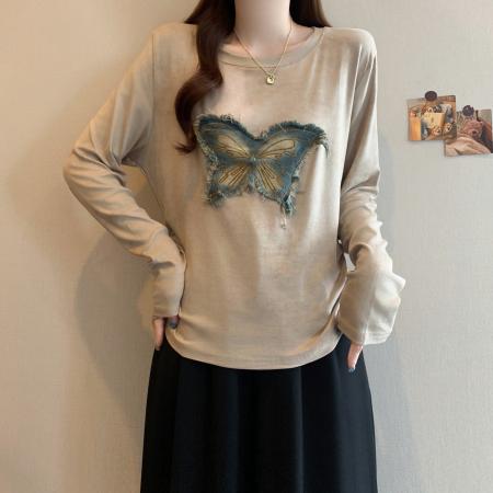 FA49552# 大码女装胖mm美式复古扎染蝴蝶显瘦长袖T恤秋季收腰修身上衣