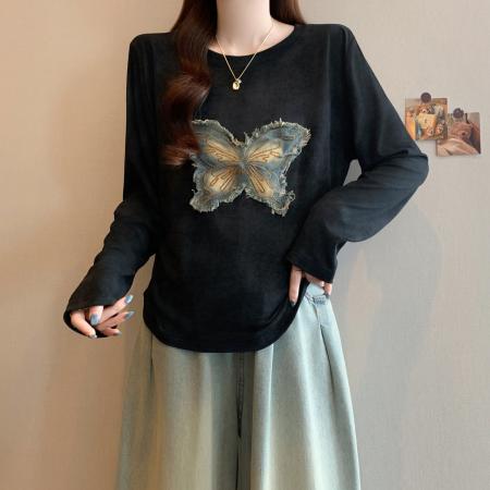 FA49552# 大码女装胖mm美式复古扎染蝴蝶显瘦长袖T恤秋季收腰修身上衣