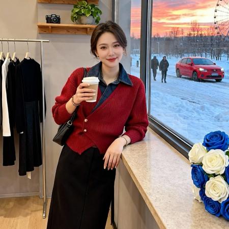 FA49553# 毛衣女秋冬新款时尚洋气红色拼接牛仔polo领假两件针织衫上衣