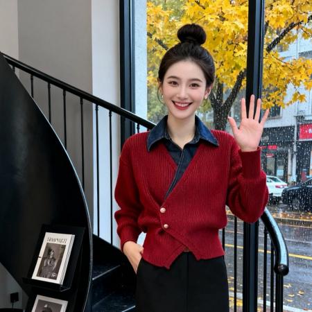 FA49553# 毛衣女秋冬新款时尚洋气红色拼接牛仔polo领假两件针织衫上衣