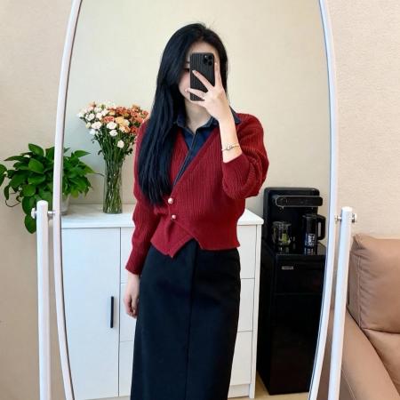 FA49553# 毛衣女秋冬新款时尚洋气红色拼接牛仔polo领假两件针织衫上衣