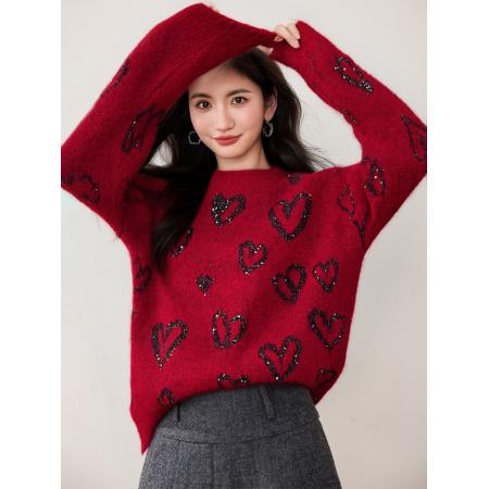 FA49555# 爱心亮片针织衫女秋冬百搭气质显瘦上衣