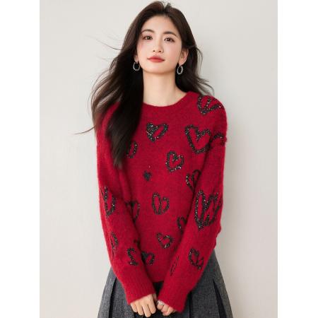 FA49555# 爱心亮片针织衫女秋冬百搭气质显瘦上衣