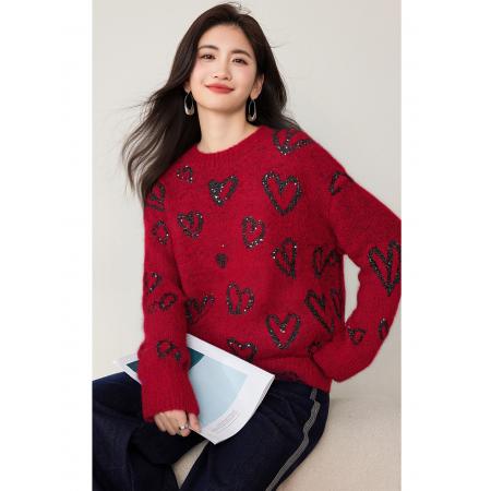 FA49555# 爱心亮片针织衫女秋冬百搭气质显瘦上衣