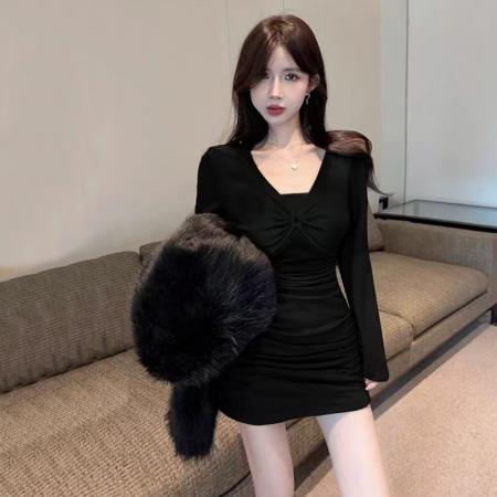 FA49560# 春秋新款气质性感显瘦包臀打底长袖加绒保暖连衣裙