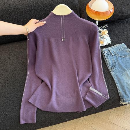 FA49561# 秋冬新款时尚洋气烫钻半高领长袖针织衫女百搭打底毛衣减龄上衣潮