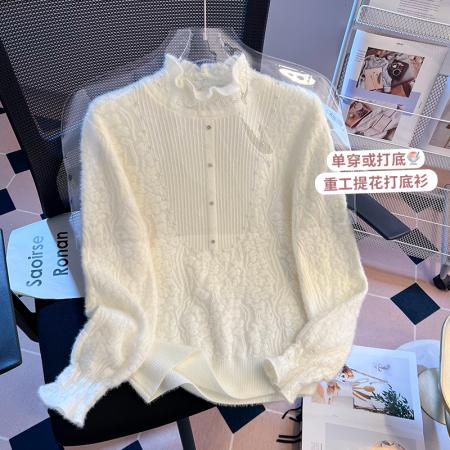 FA49565# 蕾丝提花打底衫针织衫上衣女秋冬新款半高领高弹保暖小衫