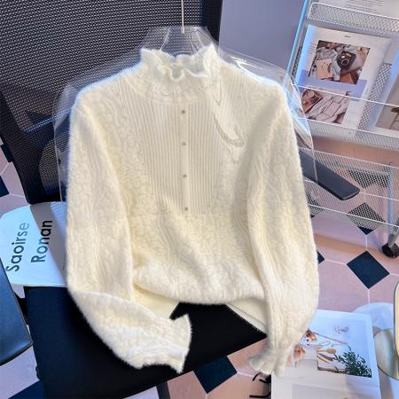 FA49565# 蕾丝提花打底衫针织衫上衣女秋冬新款半高领高弹保暖小衫