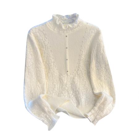 FA49565# 蕾丝提花打底衫针织衫上衣女秋冬新款半高领高弹保暖小衫