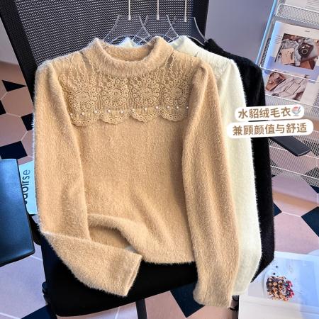 FA49566# 小香风半高领蕾丝拼接水貂毛打底衫女秋冬高级感chic上衣