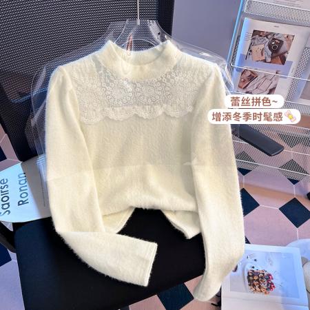 FA49566# 小香风半高领蕾丝拼接水貂毛打底衫女秋冬高级感chic上衣