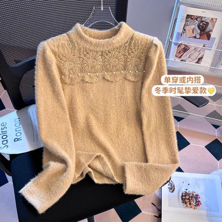 FA49566# 小香风半高领蕾丝拼接水貂毛打底衫女秋冬高级感chic上衣