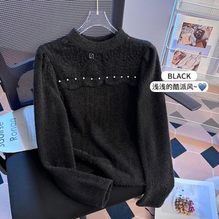 FA49566# 小香风半高领蕾丝拼接水貂毛打底衫女秋冬高级感chic上衣