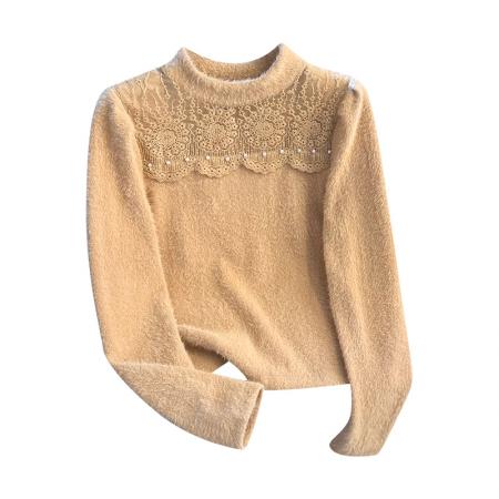 FA49566# 小香风半高领蕾丝拼接水貂毛打底衫女秋冬高级感chic上衣