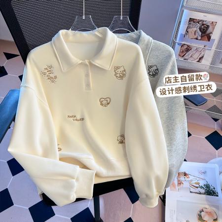 FA49568# 韩系简约polo领长袖卫衣女秋冬新款刺绣设计感短款上衣