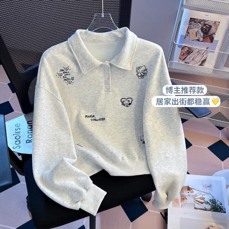 FA49568# 韩系简约polo领长袖卫衣女秋冬新款刺绣设计感短款上衣