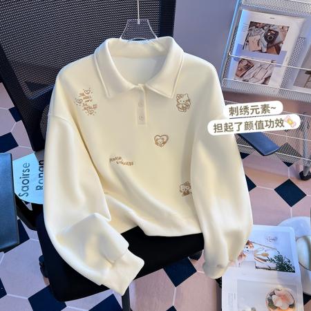 FA49568# 韩系简约polo领长袖卫衣女秋冬新款刺绣设计感短款上衣
