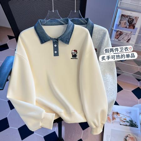 FA49569# 韩系宽松短款卫衣女撞色polo领卡通刺绣假两件长袖上衣
