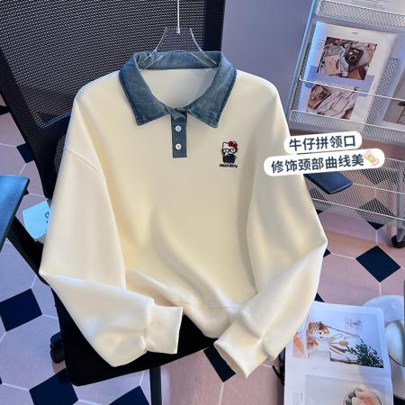 FA49569# 韩系宽松短款卫衣女撞色polo领卡通刺绣假两件长袖上衣