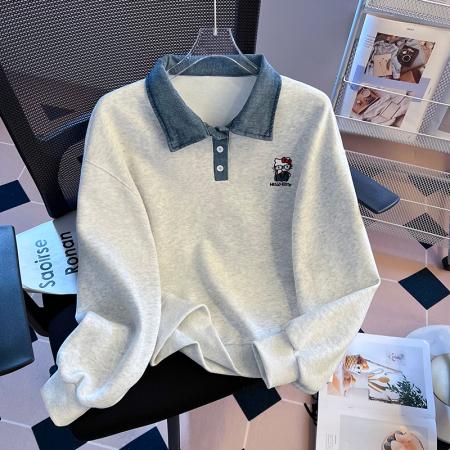 FA49569# 韩系宽松短款卫衣女撞色polo领卡通刺绣假两件长袖上衣