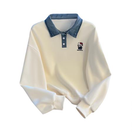 FA49569# 韩系宽松短款卫衣女撞色polo领卡通刺绣假两件长袖上衣