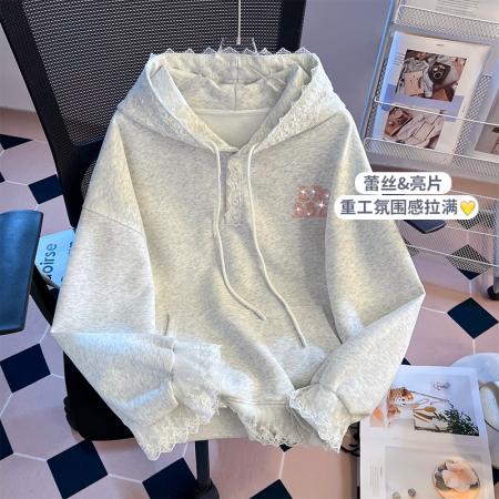 FA49570# 灰色蕾丝边拼接连帽卫衣女秋冬新款设计感慵懒风宽松上衣