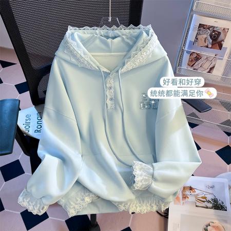 FA49570# 灰色蕾丝边拼接连帽卫衣女秋冬新款设计感慵懒风宽松上衣