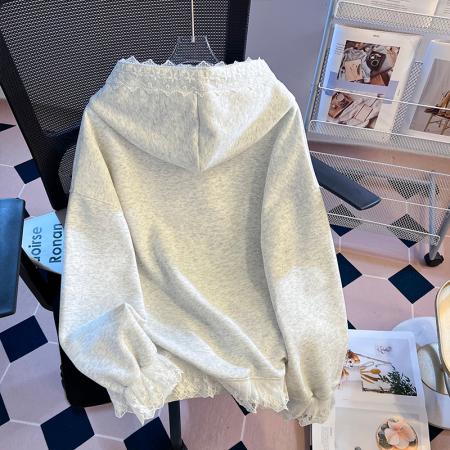 FA49570# 灰色蕾丝边拼接连帽卫衣女秋冬新款设计感慵懒风宽松上衣