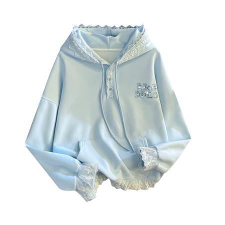 FA49570# 灰色蕾丝边拼接连帽卫衣女秋冬新款设计感慵懒风宽松上衣