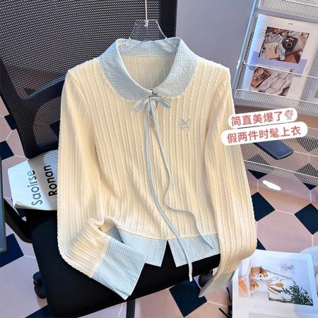 FA49571# 韩系格子拼接假两件长袖T恤女新款设计感修身百搭ins上衣