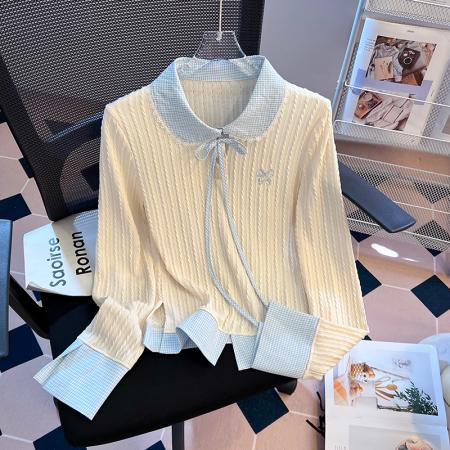 FA49571# 韩系格子拼接假两件长袖T恤女新款设计感修身百搭ins上衣