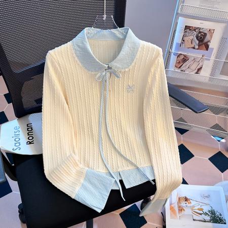 FA49571# 韩系格子拼接假两件长袖T恤女新款设计感修身百搭ins上衣