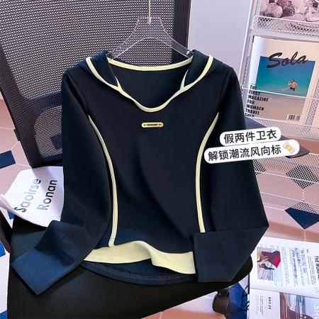 FA49573# 秋冬新款假两件上衣百搭长袖T恤连帽设计感拼接短款上衣