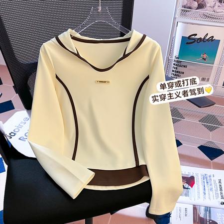 FA49573# 秋冬新款假两件上衣百搭长袖T恤连帽设计感拼接短款上衣