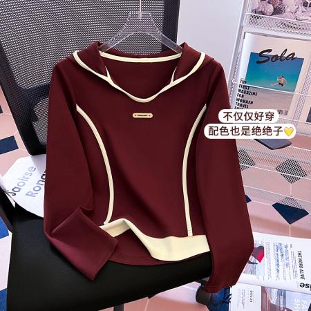 FA49573# 秋冬新款假两件上衣百搭长袖T恤连帽设计感拼接短款上衣