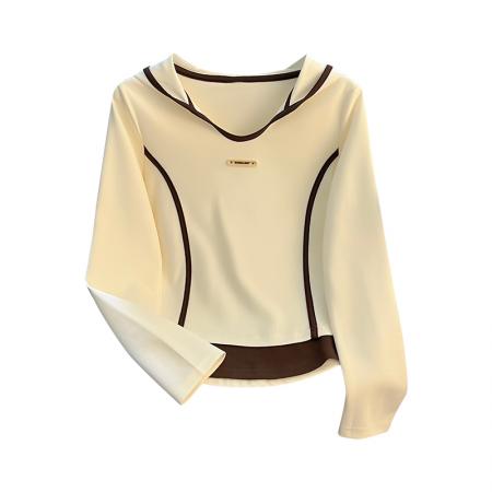 FA49573# 秋冬新款假两件上衣百搭长袖T恤连帽设计感拼接短款上衣