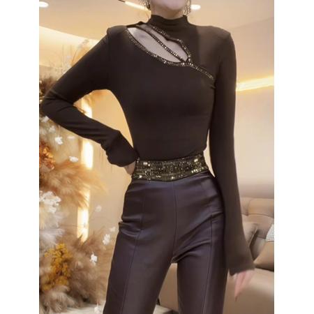 FA49574# 时尚轻奢镂空烫钻T恤女秋冬新款设计感修身半高领打底衫上衣