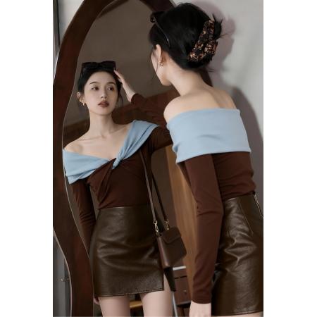 FA49576# 秋冬法式辣妹性感一字露肩锁骨针织打底衫女内搭修身显瘦上衣