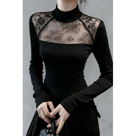 FA49578# 秋冬法式黑色蕾丝拼接半高领打底衫女内搭设计感收腰显瘦长袖上衣