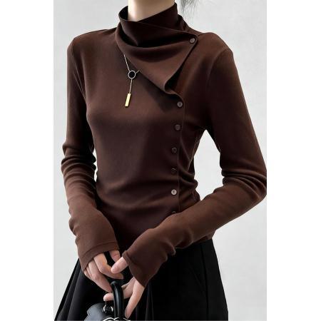 FA49579# 秋冬季独特复古半高领针织打底衫女内搭高级设计感棕色不规则上衣