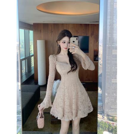 FA49580# 法式千金风V领蕾丝长袖纯欲收腰显瘦绝美a字短款连衣裙