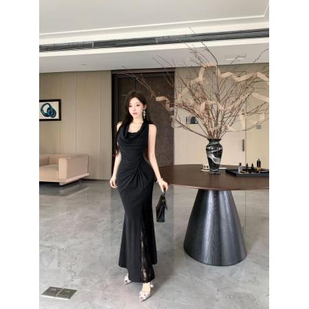 FA49581# 纯欲红色荡领挂脖大露背修身度假礼服长款连衣裙