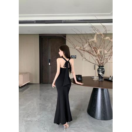 FA49581# 纯欲红色荡领挂脖大露背修身度假礼服长款连衣裙