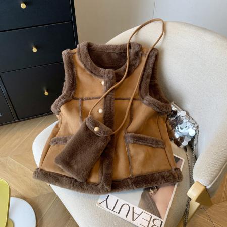 FA49583# 配包包加厚保暖皮毛一体马甲外套外搭上衣女时尚叠穿