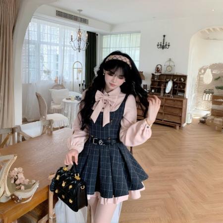 FA49584# 雾蓝深秋新款少女感蝴蝶结衬衫格纹收腰蓬蓬百褶连衣裙